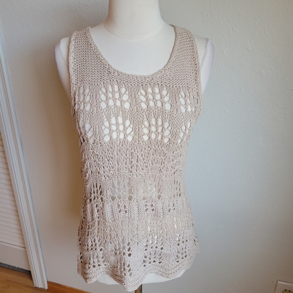 Saint Tropez West Tops - San Tropez West Tan Crochet Linen Tank